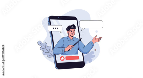 Digital education and online learning concept showing a male teacher giving a lecture on a smartphone screen for remote students.