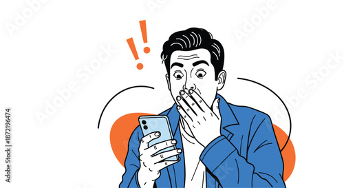 Shocked young man staring at his mobile phone screen with an expression of disbelief and surprise during a surprising digital moment.