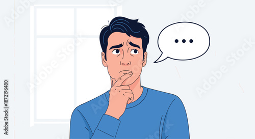 Thoughtful young man with dark hair looks up while touching his chin and having a speech bubble with three dots above him.