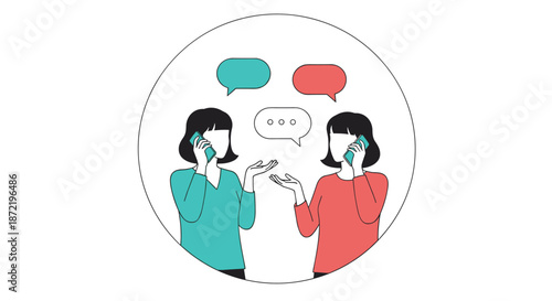 Two women having a phone conversation shown inside a circular frame with colorful speech bubbles and a thinking bubble between them.