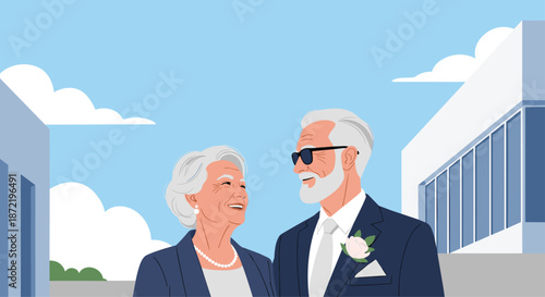 Elegant elderly couple smiling at each other during a wedding celebration outdoors against a blue sky with white clouds.