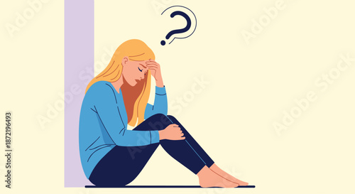 Depressed young woman sitting on the floor with her head in her hand and a large question mark floating above her head.