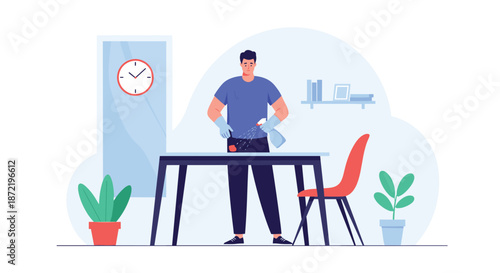 Diligent man wearing gloves and using a spray bottle to clean a large dining table in a modern and bright living room.