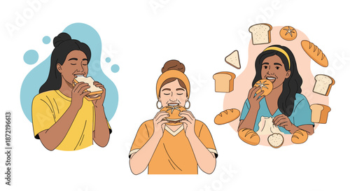 Three diverse young women enjoying various different types of bread and sandwiches with happy and satisfied expressions.