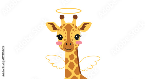 Adorable baby giraffe character depicted as an angel with tiny wings, pink cheeks, and a golden halo above its head.
