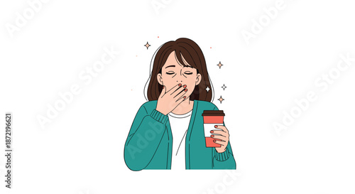 Exhausted young woman yawning while holding a paper coffee cup to wake up in the morning against a white background.
