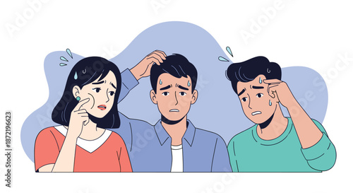 Three young people with worried and anxious expressions having large beads of sweat on their foreheads against blue.