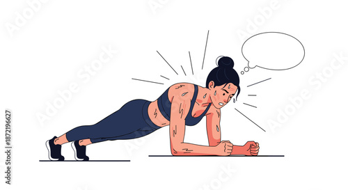 Athletic woman in sportswear performing a plank exercise with determination and sweat while daydreaming about a thought bubble.