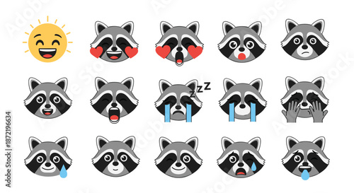Set of various raccoon face emojis showing a wide range of different emotions and feelings along with a happy sun icon.