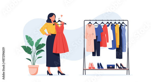 Elegant woman choosing a red dress from a clothing rack full of colorful fashion items in a modern boutique or closet.