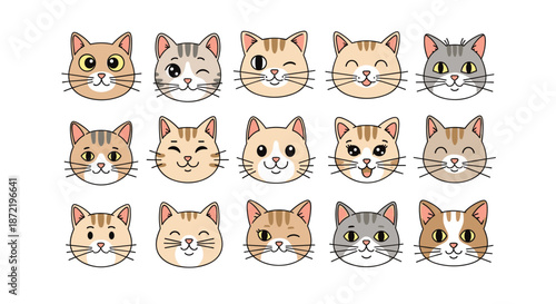Large collection of cute cartoon cat faces with various colors, patterns, and adorable expressions in a grid layout.