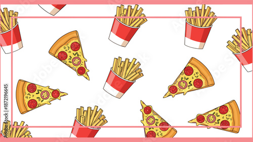 A vibrant cartoon pattern of pepperoni pizza slices and red boxes of french fries, displayed within a simple pink rectangular frame on a white background.