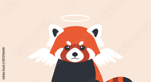 Cute red panda character wearing white angel wings and a golden halo sitting peacefully against a soft peach background.