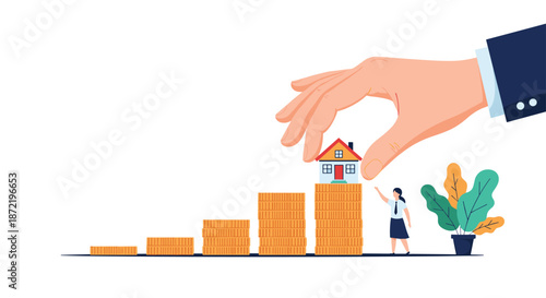 Large hand placing a model house on top of increasing stacks of gold coins while a small woman reaches up toward the real estate investment.