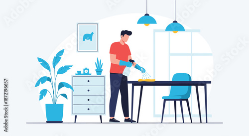 Diligent man wearing gloves cleaning a dining table with a spray bottle and cloth in a modern, well-lit apartment or home interior.