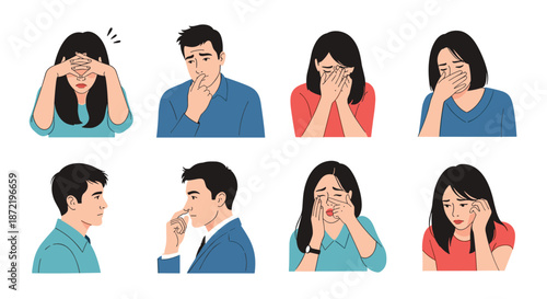 Set of diverse men and women characters expressing various emotions of sadness, grief, crying, and distress on a clean white background.