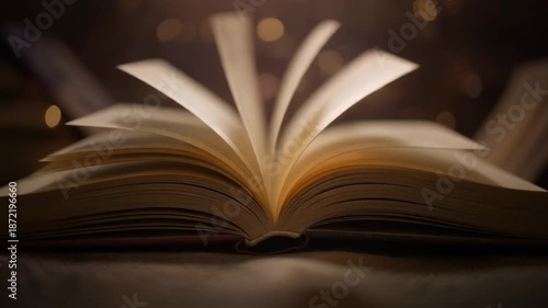 Cinematic close-up of an old, open book lying on a dark surface, illuminated by mysterious, warm golden light and magical golden bokeh flares in the background.