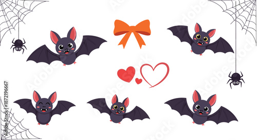 Festive Halloween design elements featuring cute purple bats, spiders hanging from webs, orange bows, and red hearts on a white background.