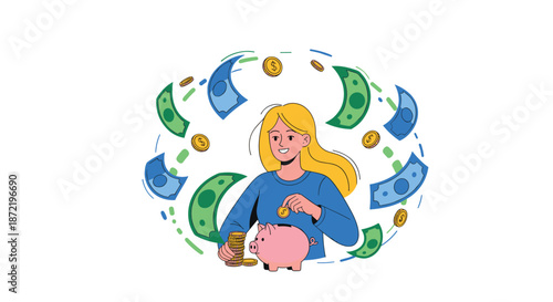 Happy woman putting a coin into a pink piggy bank while surrounded by floating banknotes and coins, representing financial success and savings.