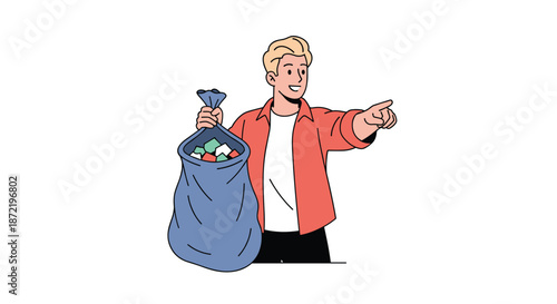 Smiling young man in a red shirt holding a large blue garbage bag and pointing towards a collection point for proper waste disposal.