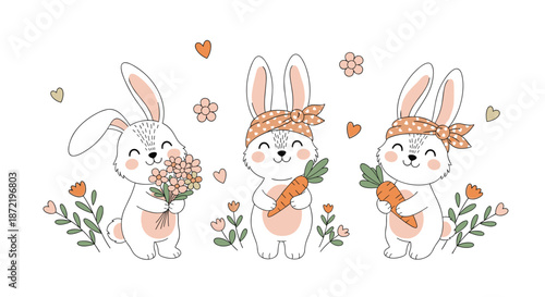 Three adorable white bunnies with floral bandanas holding fresh carrots and spring flowers in a sweet and whimsical illustration style.