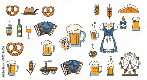 Colorful collection of hand drawn icons representing traditional German Oktoberfest elements like beer, pretzels, and regional costumes.