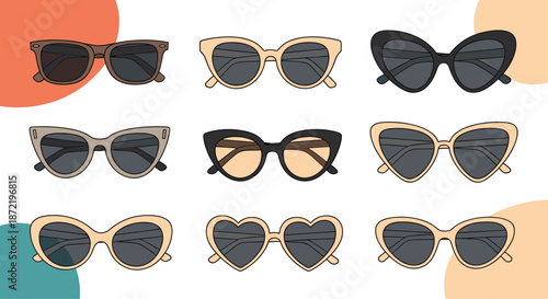 Diverse collection of stylish sunglasses in various shapes and colors including cat-eye, heart-shaped, and classic frames for summer fashion.