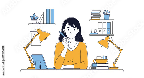 Focused young woman sitting at an organized home office desk with lamps, a laptop, and bookshelves while holding a pen and thinking.