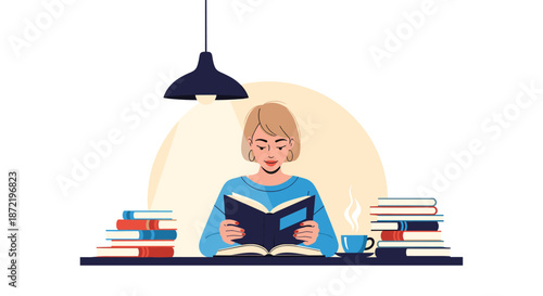Studious young woman reading an open book at a desk illuminated by a lamp and surrounded by many stacks of books and a cup of coffee.