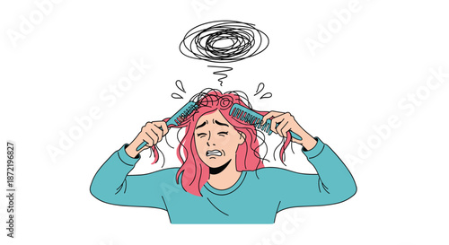 Stressed young woman with pink hair feeling frustrated while trying to untangle and comb her messy and tangled hair with two blue combs.