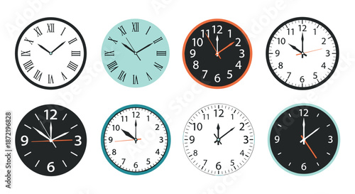 Variety of analog clock faces showing different times and styles including roman numerals, modern designs, and diverse color combinations.