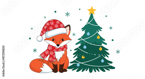 Cute orange fox wearing a red Santa hat and matching snowflake scarf sitting happily next to a decorated green Christmas tree in the snow.