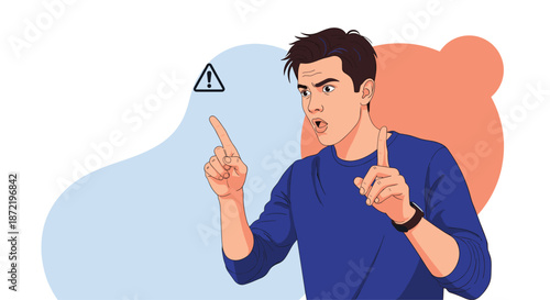 Young man looking surprised while pointing his fingers upwards towards a warning triangle symbol against a blue and orange background.