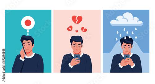 Three illustrations depicting a man feeling lonely, experiencing a broken heart, and crying under a rain cloud while using his phone.