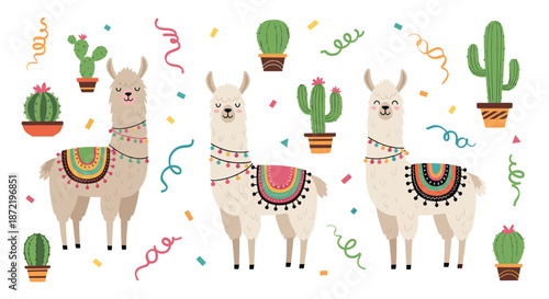 Whimsical festive pattern featuring white llamas decorated with colorful pom-poms standing among various green cacti and colorful confetti.