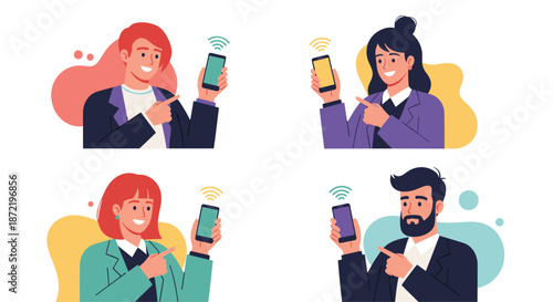 Group of four diverse people smiling and pointing at their smartphone screens which are emitting wireless connection or signal waves.