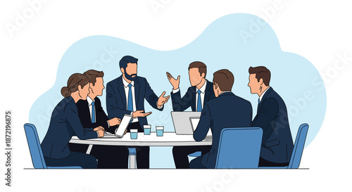 Group of business professionals in suits sitting around a conference table and having an active discussion about their corporate strategy.