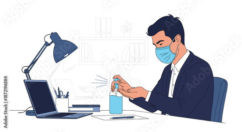 Responsible businessman wearing a blue medical face mask and using hand sanitizer at his desk to maintain hygiene in the office.