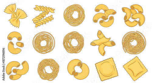 Large collection of different dried pasta types including farfalle, fusilli, penne, ravioli, and tagliatelle arranged in a neat grid.