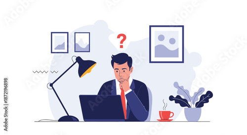 Worried businessman sitting at his desk and looking confused at his laptop screen with a red question mark above his head.