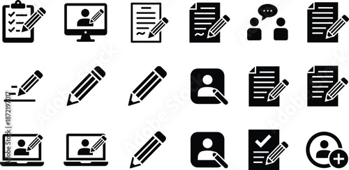 Large set of black editing icons featuring pencils clipboards documents and screens for writing and content creation.