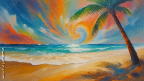 Vibrant Abstract Oil Painting of Tropical Beach Sunset with Dramatic Swirling Sky and Palm Tree Silhouette Artwork