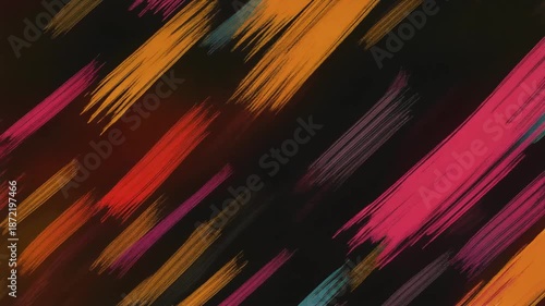 Dynamic Animated Diagonal Brush Strokes Abstract Background Loop: Vibrant Paint Texture Streaks Moving Across a Dark Backdrop for Artistic and Energetic Projects.