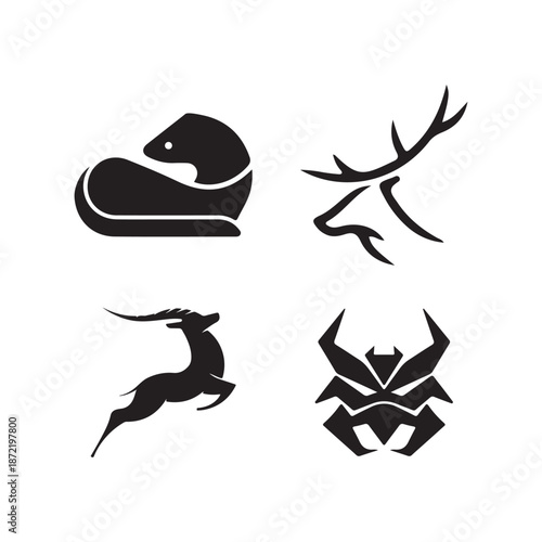 Four minimalist black animal logos including a deer head leaping antelope and geometric insect on white background