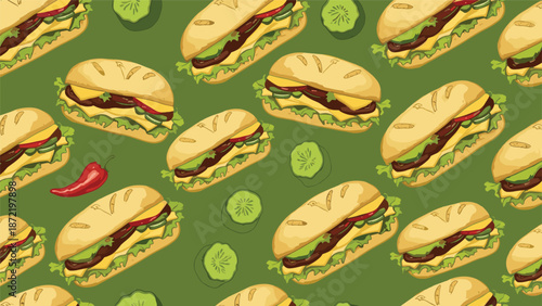 A seamless food pattern of submarine sandwiches with cucumber slices and a red chili pepper on a solid dark green background.