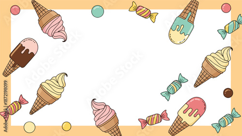 A sweet and charming rectangular frame decorated with cartoon ice cream cones, wrapped candies, and colorful bonbons on a light orange background.
