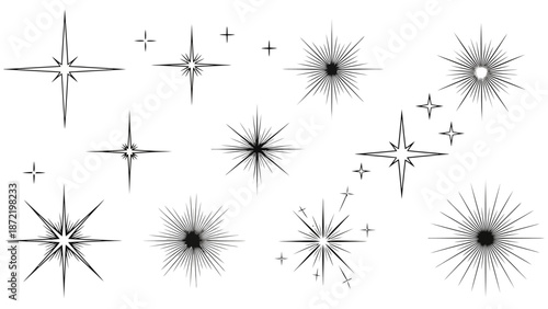 A collection of diverse starburst and sparkle graphic elements, showcasing various light effects and radiating patterns.