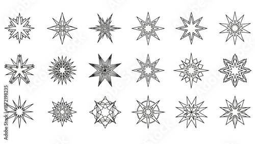A collection of intricate geometric starburst and snowflake-like ornamental designs, presented in a grid layout.