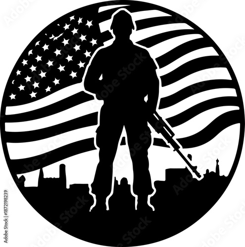American Soldier Silhouette with USA Flag Emblem
