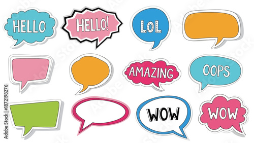 A collection of colorful speech bubbles with various words and phrases like Hello, LOL, Amazing, Oops, and Wow.